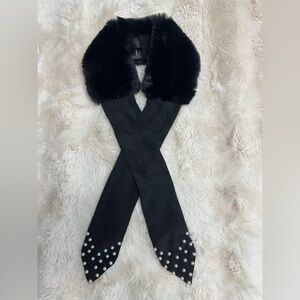 Zara Black Faux Fur Scarf/Necklace w/Pearl-Embellished Ends - Rare Fashion Piece